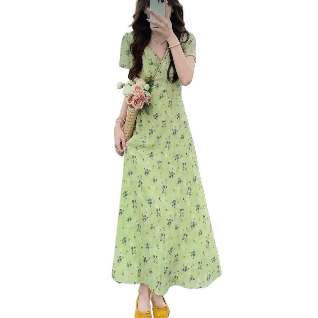 Large Size Fat Mm Temperament V-neck Floral Bubble Sleeve Dress Women's Summer New Waist and Thin A-word Long Dress