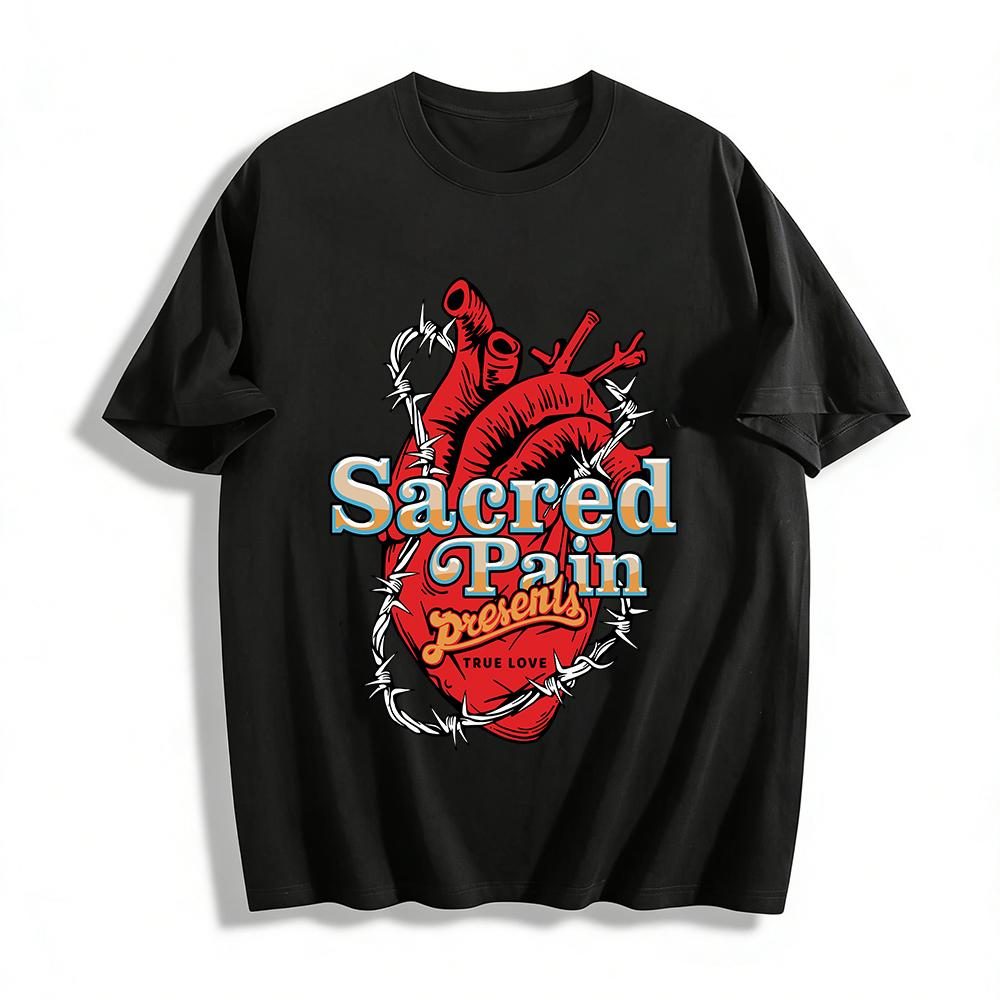 Sacred Pain True Love Graphic Tee Thorned Anatomical Heart Print Top Pure cotton T-shirt XXS