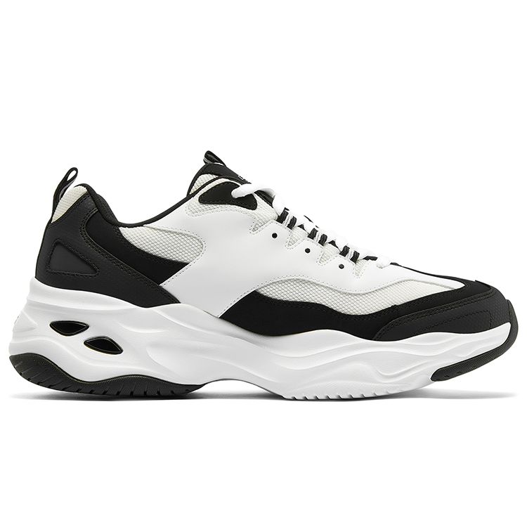 Skechers DLites Fabric Synthetic Leather Round Toe Lace-Up Low Top Dad Shoes Men Sneakers White Black 237226-WBK