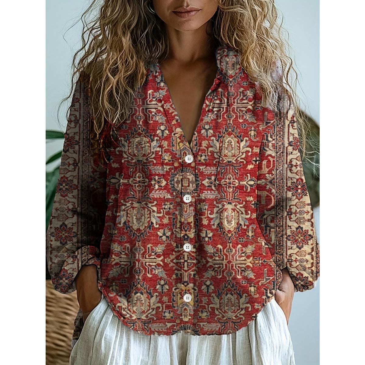 

Женская повседневная рубашка для работы в стиле вестерн с этническим геометрическим принтом, с длинным рукавом XXL