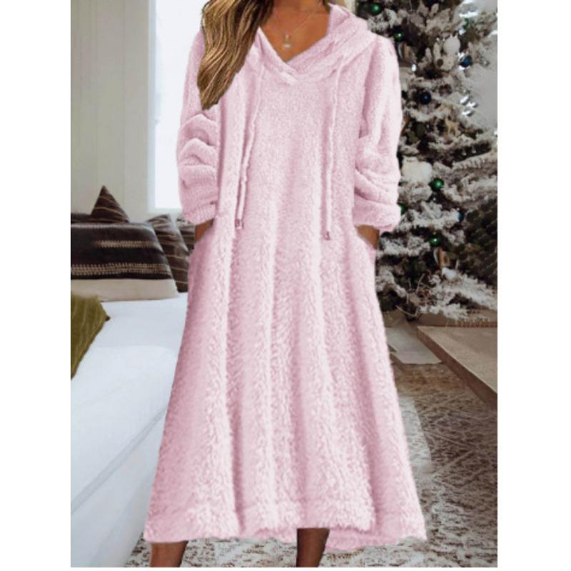DAFIFY Women's Fashion Fall Winter Solid Color Print Long Sleeve Hooded Loose Waistline Casual Dresses