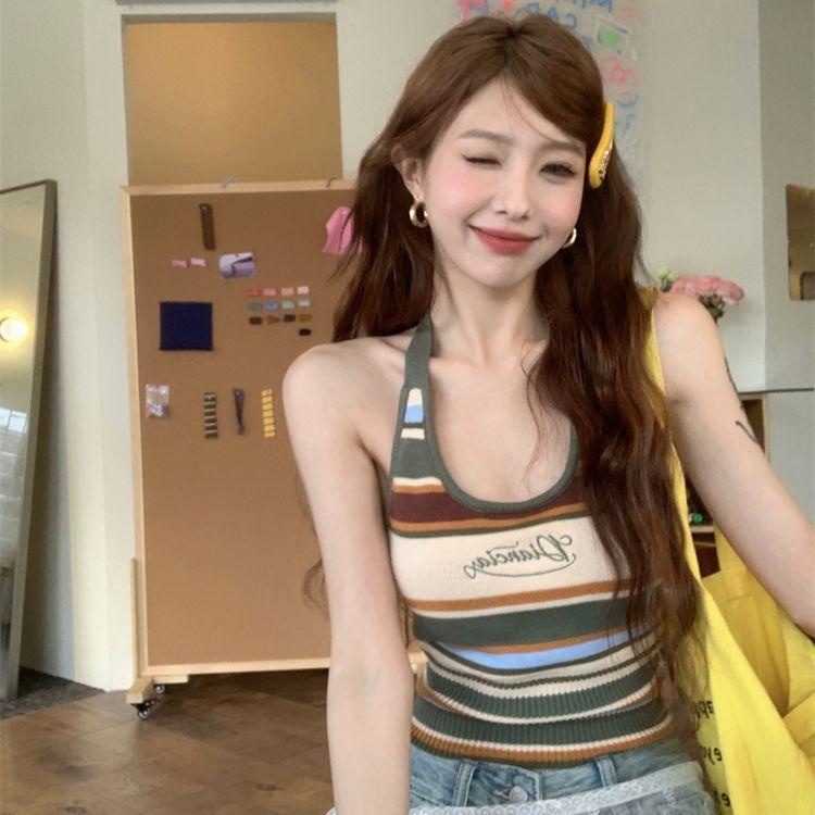 Summer Colorful Striped Knitted Halter Camisole Women's Tight Sleeveless Tank Top American Hot Girl Short Crop Top