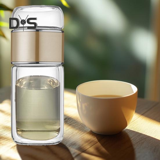 Tee-Ei-Flasche aus Glas, doppelschichtige Isolierung, tragbarer Reise-Teekocher mit Filter, 300 ml, auslaufsicherer Trinkbecher für Aktivitäten im Homeoffice und im Freien