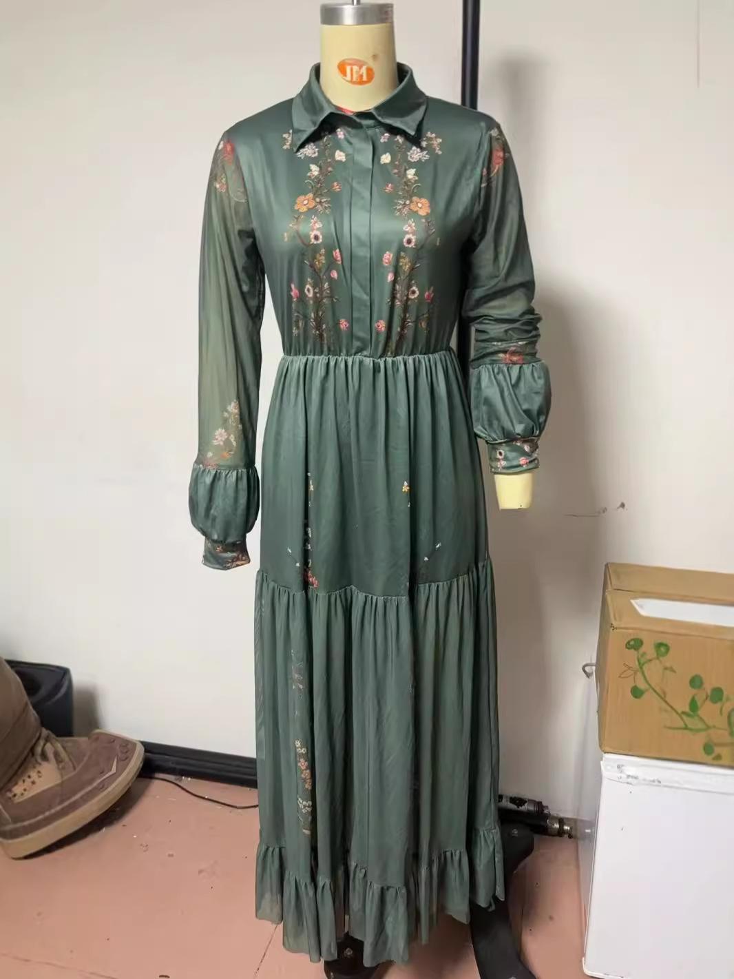 

European and American women s clothing, long-sleeved printed long dress, shirt collar dress, long dress. S зелёный
