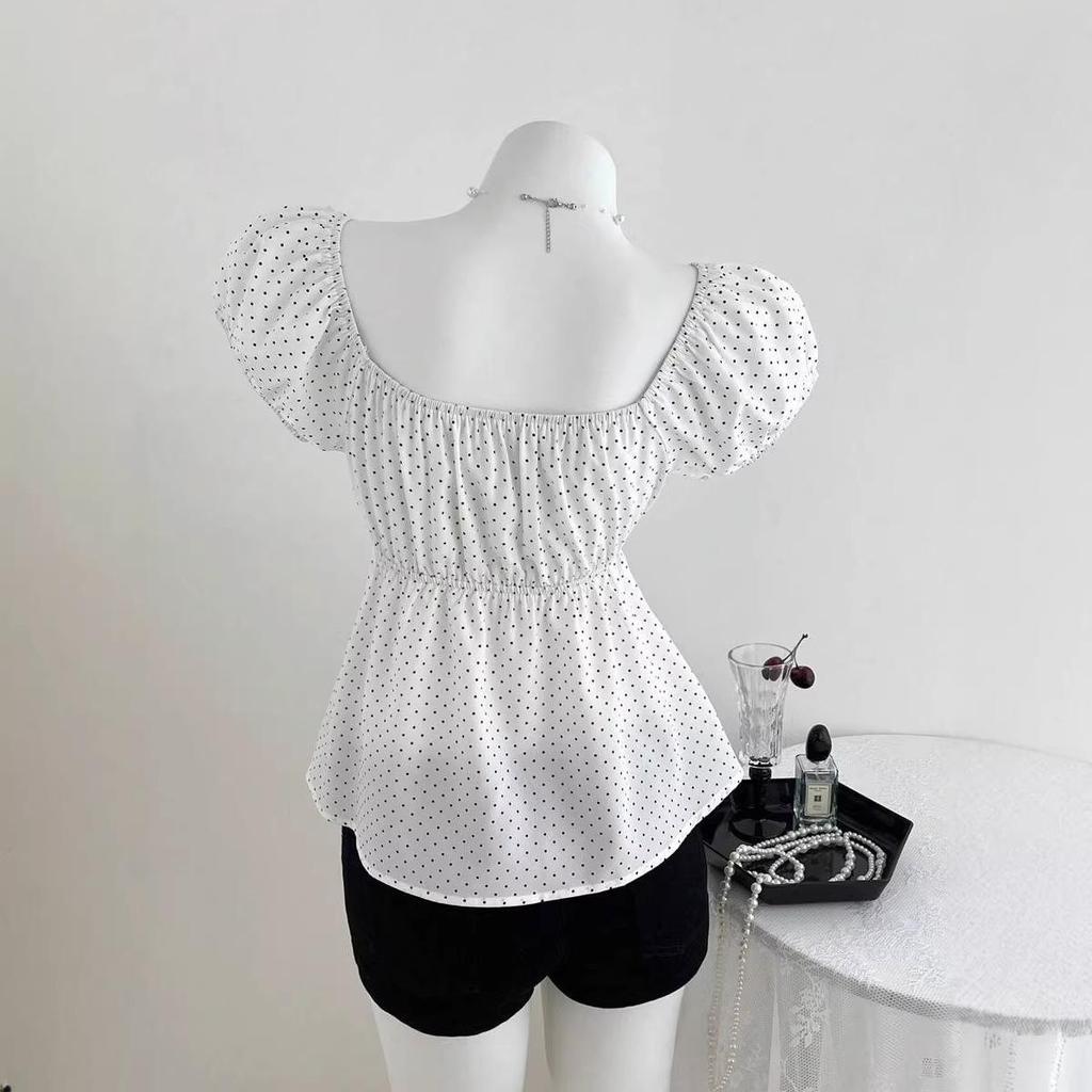 2025 European Summer Polka Dot Puff Sleeve Women's Top with French Square Neck