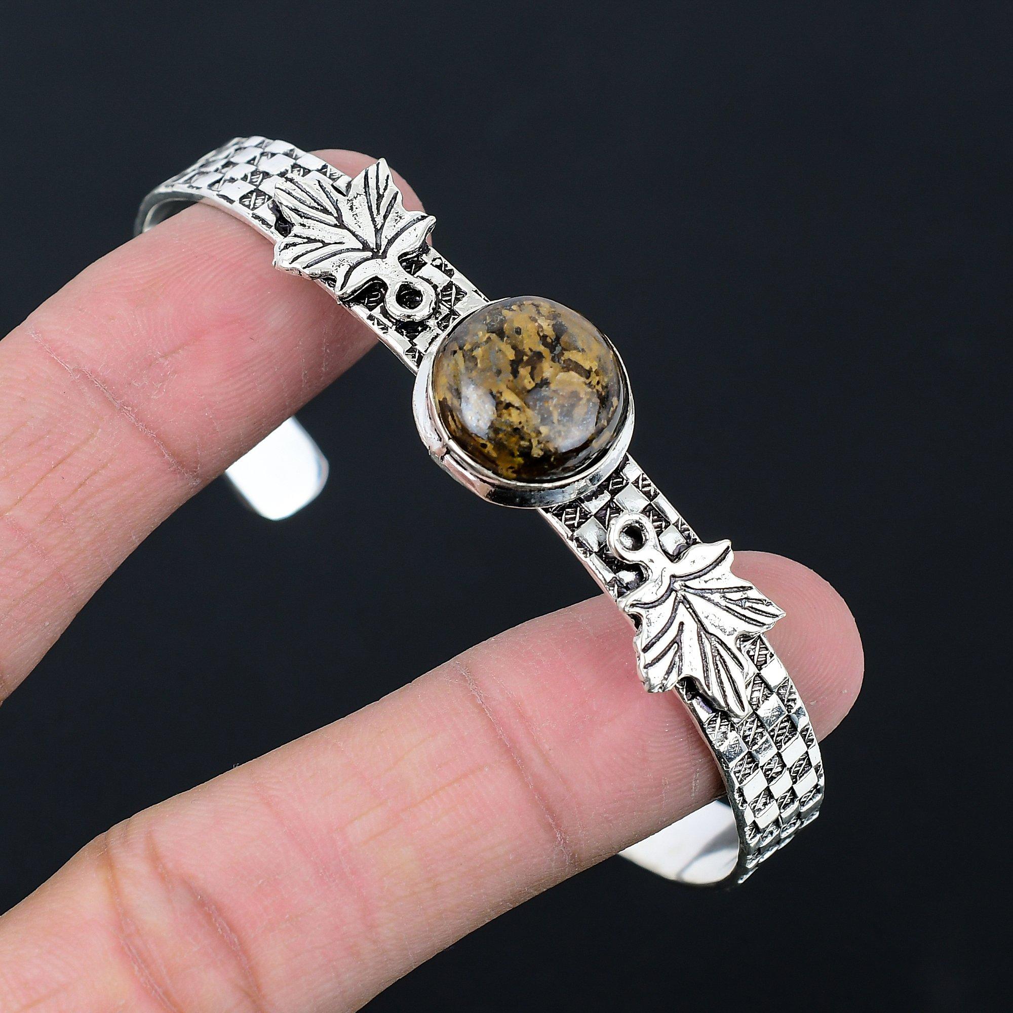 

Sterling Silver Round Bronzite Stone Daughter Artisan Ethnic Leaf Elegant Bangle Adjustable