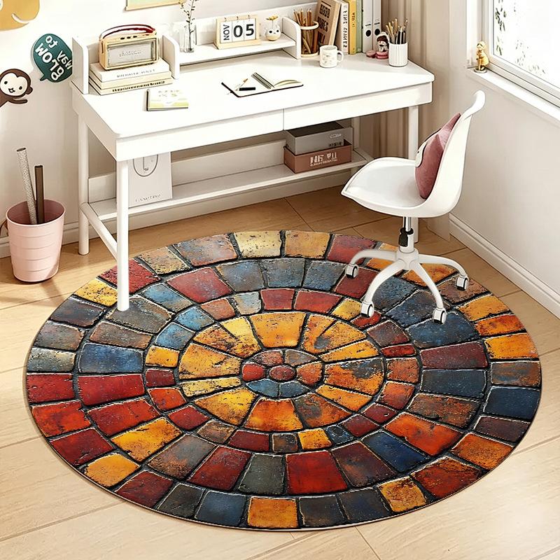1Pcs Stone Round Rug Non-Slip Machine Washable Floor Mat 2D Flat Vintage Floral Area Rug for Living Room Bedroom Decor