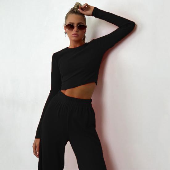 Women 2 Piece Lounge Set Long Sleeve Cropped Pullover Top Wide Leg Pants Set Fall Crewneck Tracksuit Casual Outfits