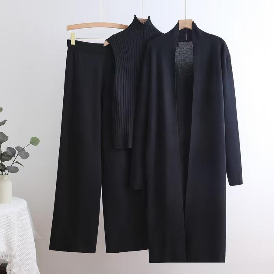 

Solid Color 3-Piece Knit Set Women s Sleeveless Top + Cardigan + Pants Set One Size чёрный