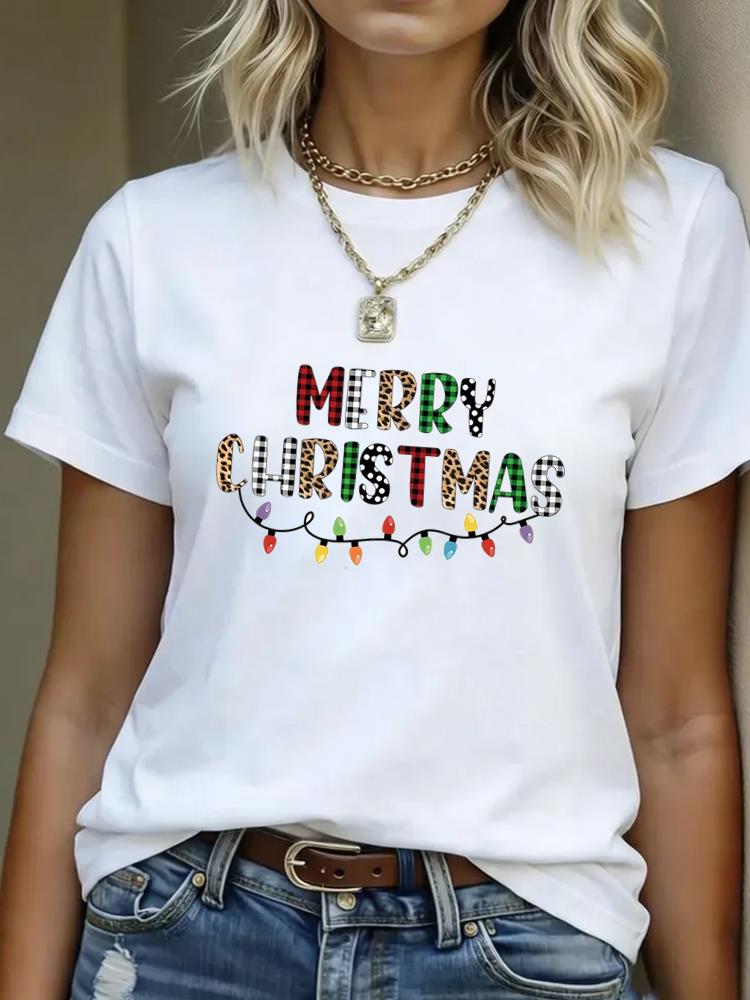 (Asian Size) T Shirt Print Casual New Year Short Sleeve T-shirts leopard Merry Christmas Fashion Women's Top O-neck Clothing Graphic Tee