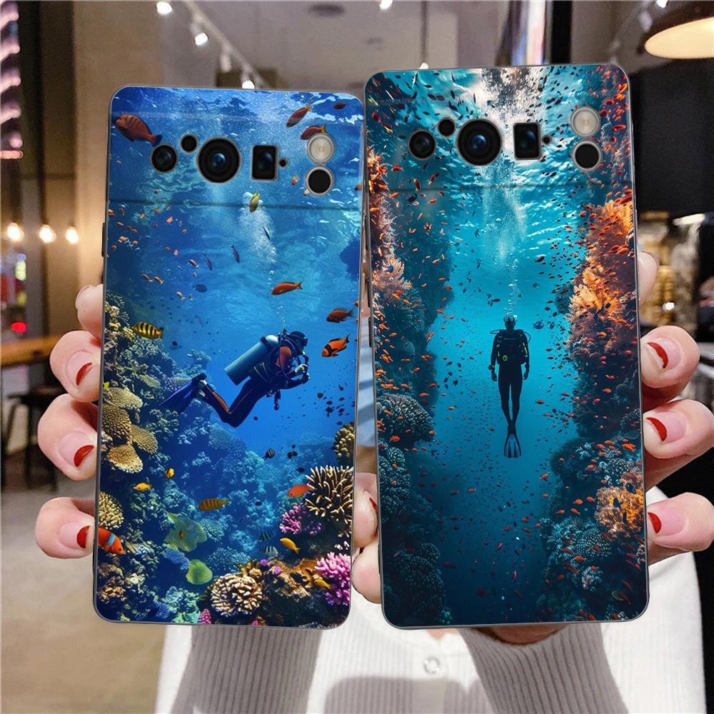 Diver Diving Phone Case For Google Pixel 9 8 9A 8A 7 7A 6 Pro XL 6A 5G Black Soft Back Luxury TPU Cover
