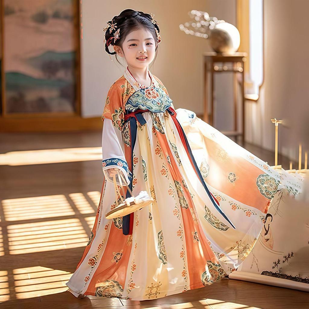 Robe Hanfu Fille Printemps/Été 2026: Robe de fée brodée style Dynastie Tang de Dunhuang pour enfants moyens/grands