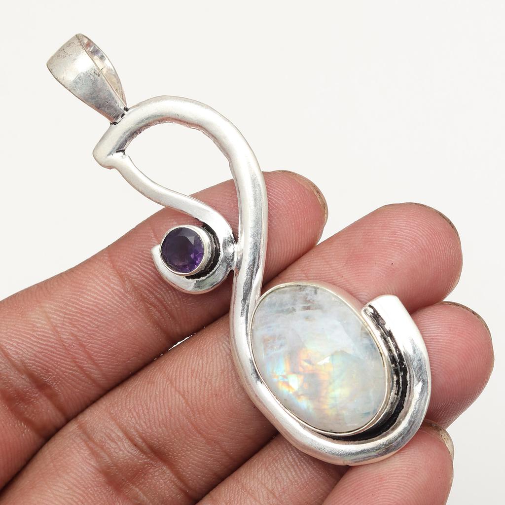 Silver Necklace Moonstone  Gifted Rainbow Jewelry Pendant Gemstone 18"