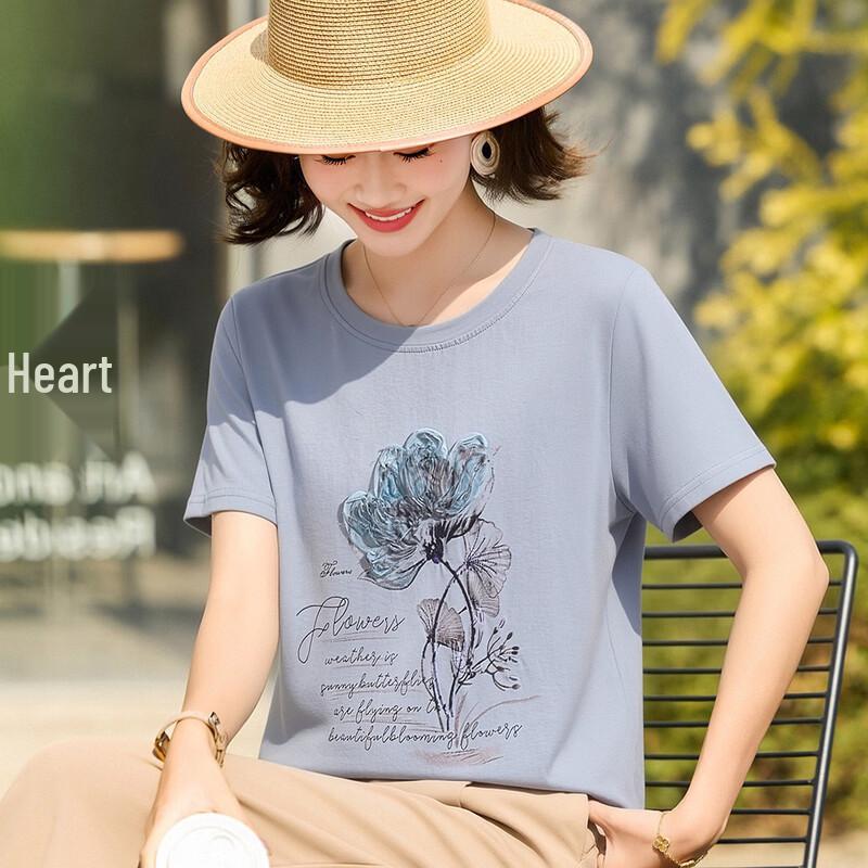 KAVON Women s 2026 Summer Floral Print Round Neck T-Shirt XL синий