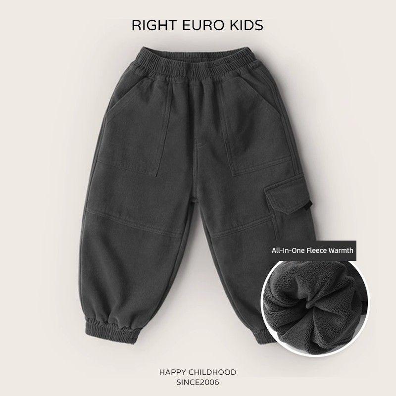 Style Boys Fleece-Lined Pants Winter Cotton Pants New Style Integrated Fleece Children s Cargo Pants Baby Trendy Cool Winter Children s Clothing Carbon Gray One-Piece Fleece-Lined 140