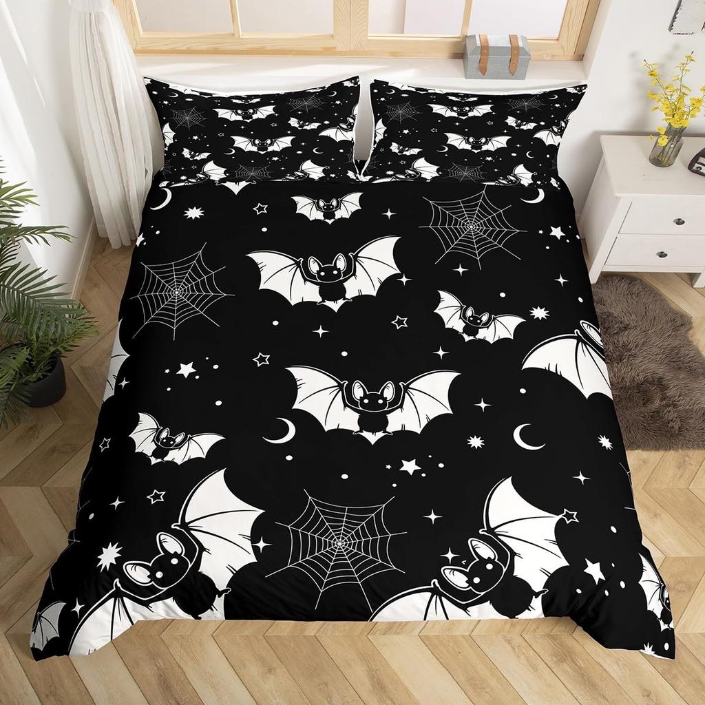 Comforter Halloween Bats Glitter Stars Galaxy Gothic Bedding Set Cute Cartoon Watercolor Bat Comforter Twin Queen Size
