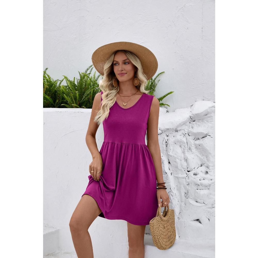 Women's Casual V Neck Sleeveless A-Line Tank Dress with Ruched Waist for Summer Beach