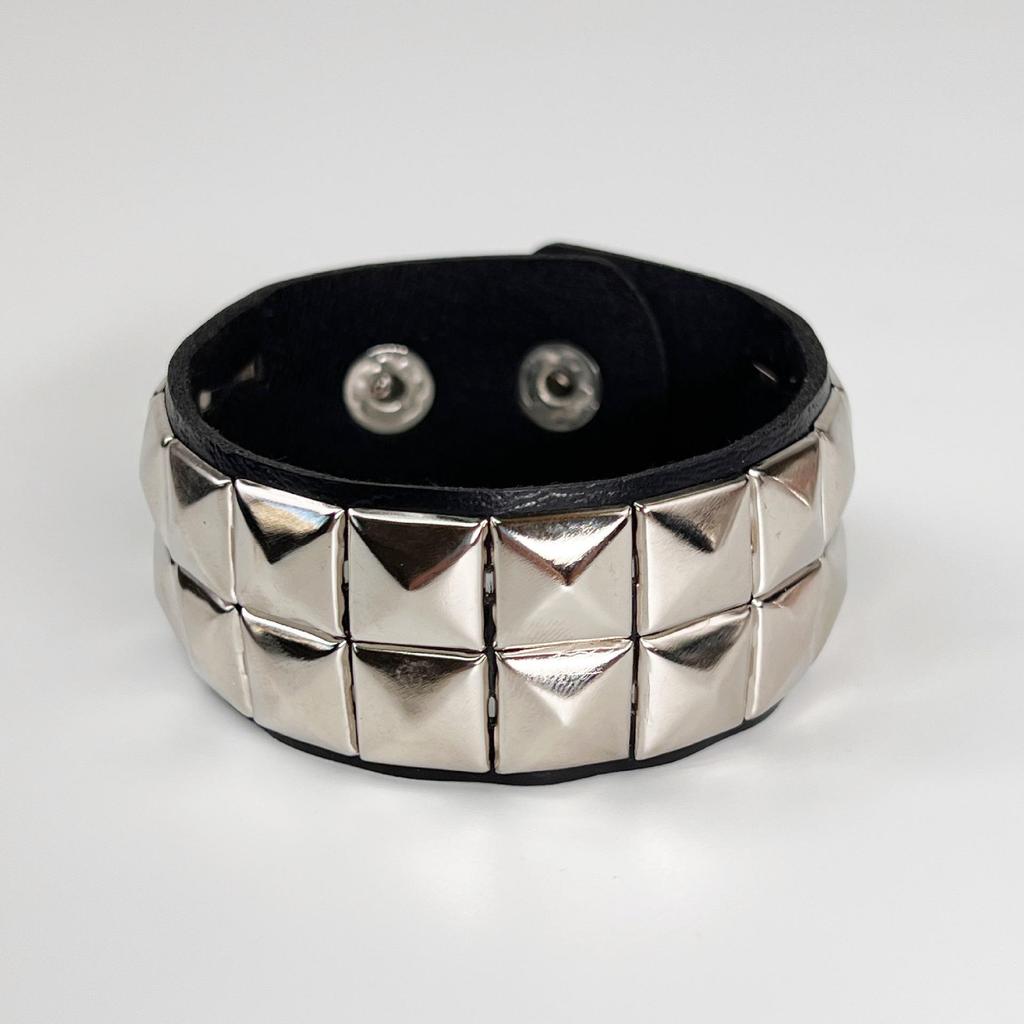 Men's Black & Silver Studded PU Leather Bracelet with Round Corners - Cross-Border Punk Style