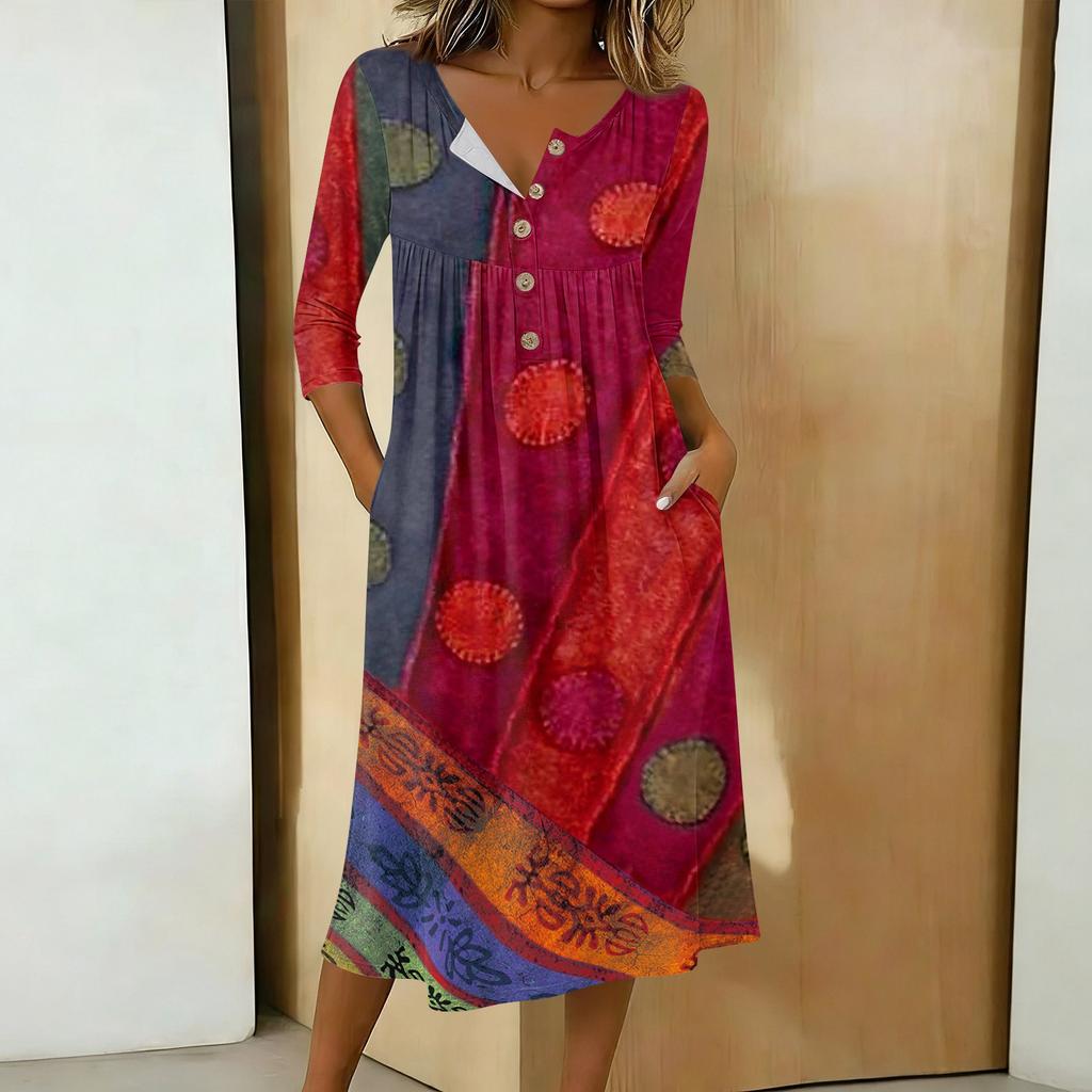 Women's Fashionable Color Printed Round Neck 3/4 Sleeve Button Collar Mid Length Casual Dress