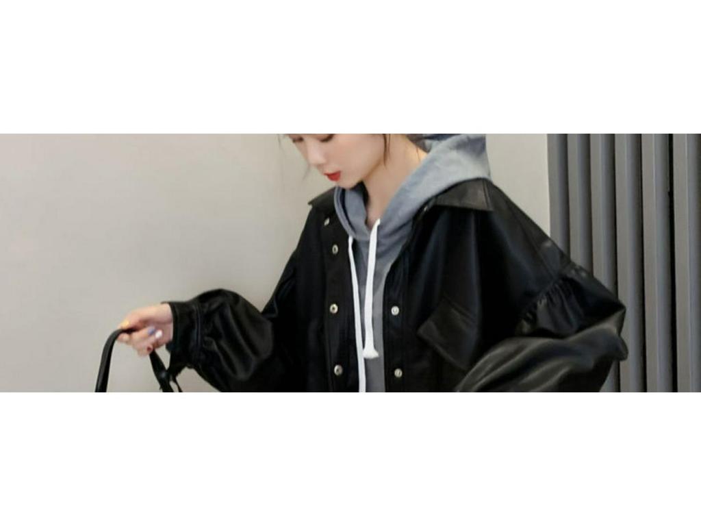 Women's Fashionable Loose Leather Motorcycle Jacket with Shirt Collar and Drawstring - Korean Style