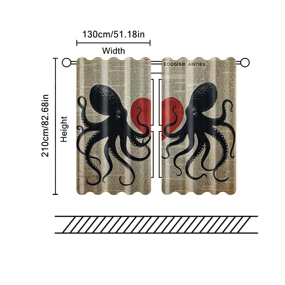 2 Pcs, Filtering Curtains (excluding Rods, Non-movable, Without Batteries) Charming Octopus Couple with Red