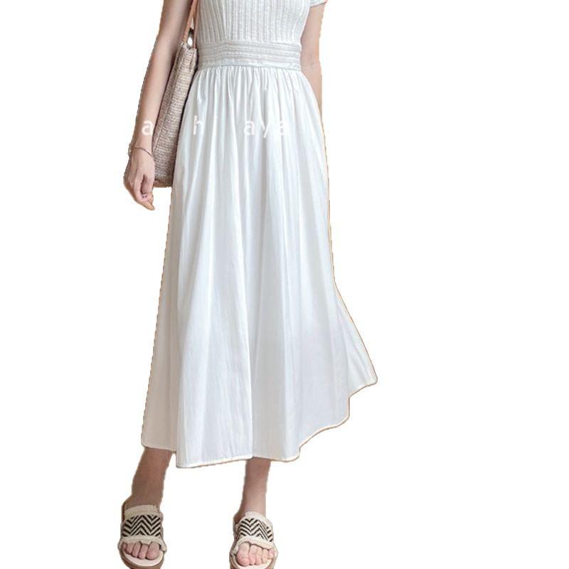 Elegant Slim-fit Round Neck Patchwork Dress for Women - Waist-cinching Solid White, Gentle Style, Summer Long Dress