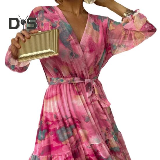 Women Evening Dress Patchwork V Neck Lace-up Waist Bohemian Style Lantern Sleeves Pleated Chiffon Colorful Print A-line Big Hem Maxi Dress