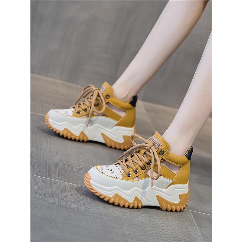 New Lace-up Thick-soled Heightening Dad Shoes for Women 2025 Summer Versatile Fashion Contrasting Colors Hollow Breathable Sports Shoes for Women