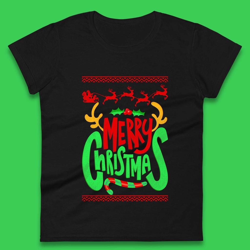 Merry Christmas Santa Claus Reindeer Antlers Womens T Shirt Mens Tops Tees Unisex