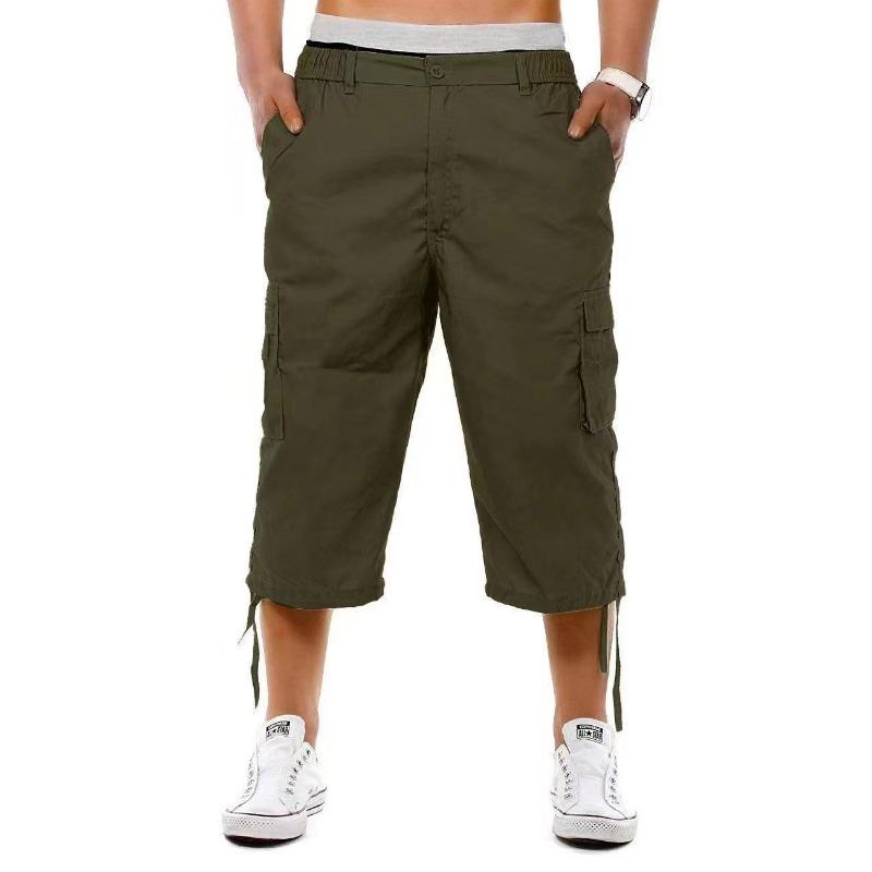 Summer Men's Black Cargo Capri Pants Multi-Pocket Elastic Waist Casual Knee-Length Shorts
