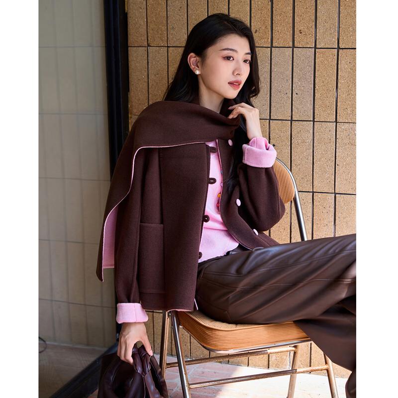 Iveni AEOE752 Scarf Collar Double-Faced Wool Short Coat