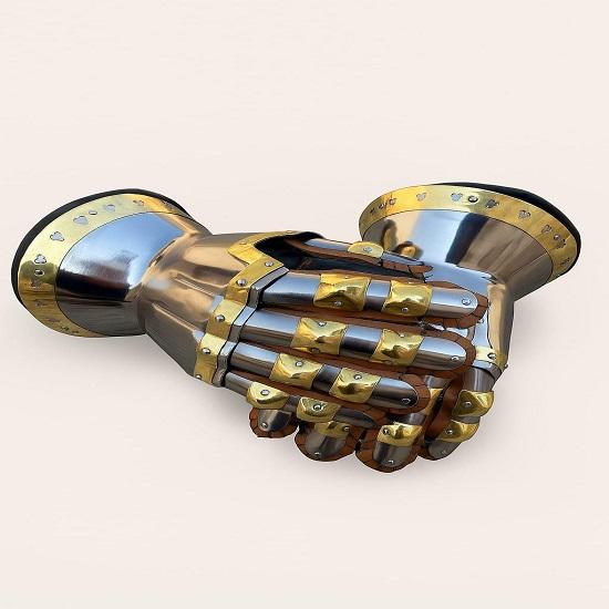 Handmade Steel  Brass Knight Gauntlets: Medieval Armor Gloves