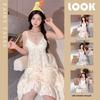 Summer V-Neck Nightdress with Chest Pads - Sexy Bubble Cotton Spaghetti Strap Style: Loose Fit Homewear for Women