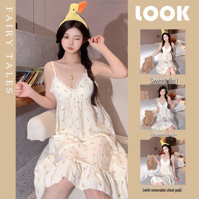Summer V-Neck Nightdress with Chest Pads - Sexy Bubble Cotton Spaghetti Strap Style: Loose Fit Homewear for Women