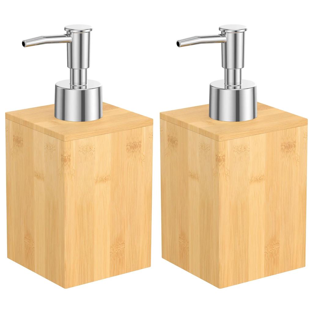 2Pcs Bamboo Soap Dispenser Refillable Pump Bottles Lotion Shampoo Liquid Hand Sanitizer Dispenser for Bathroom Kitchen