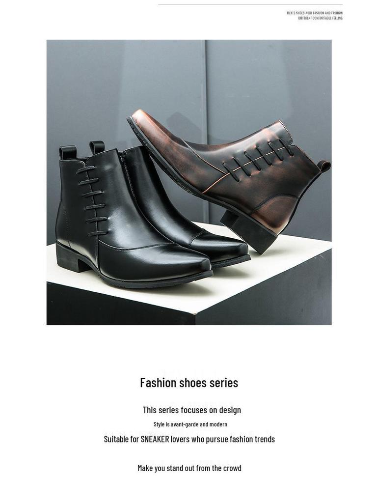 Men's British Style Color Block Leather High-Top Pointed Toe Casual Knight Boots