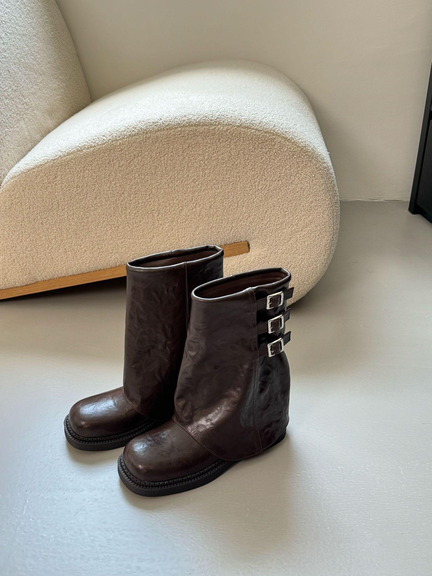 

2025 autumn and winter fashion retro old polished belt buckle medium boots women s thick heel knight trouser leg boots Martin 39 коричневий