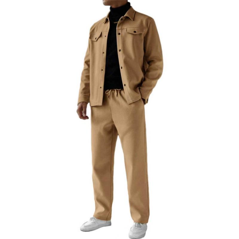 Men s Black 2-Piece Casual Set Loose Fit Jacket & Straight Leg Pants Co-ord Outfit Long Sleeve Suit L хаки