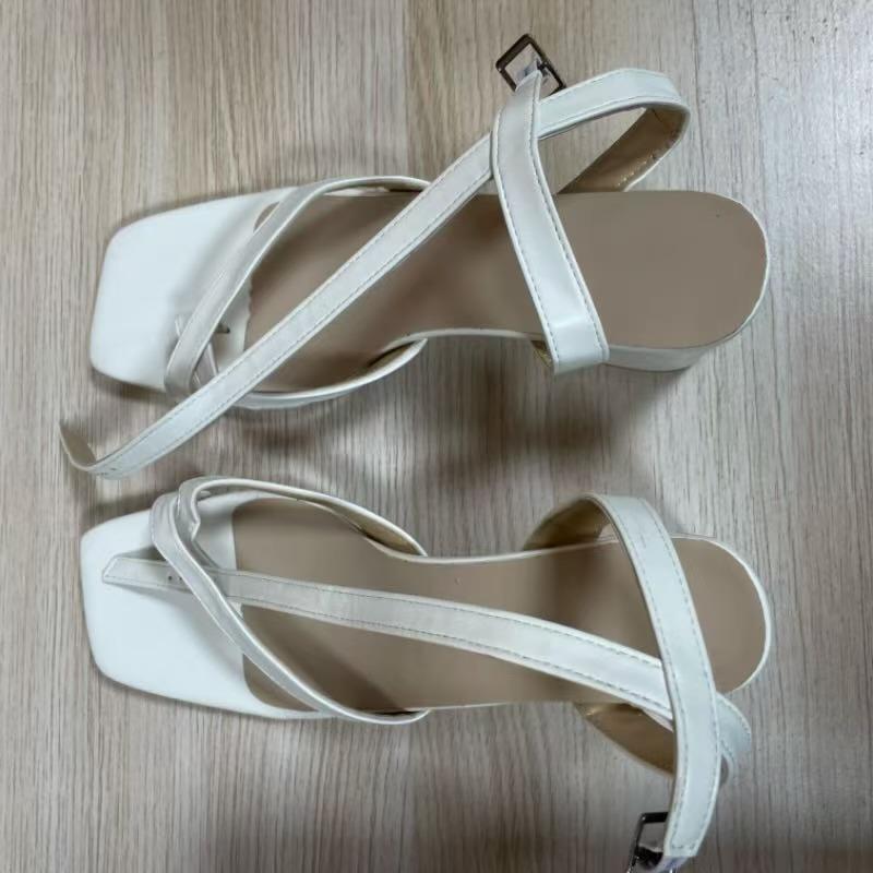 Women Sandals Square Toe Plus Size Leather Heels High Heel Lace Up Shoes