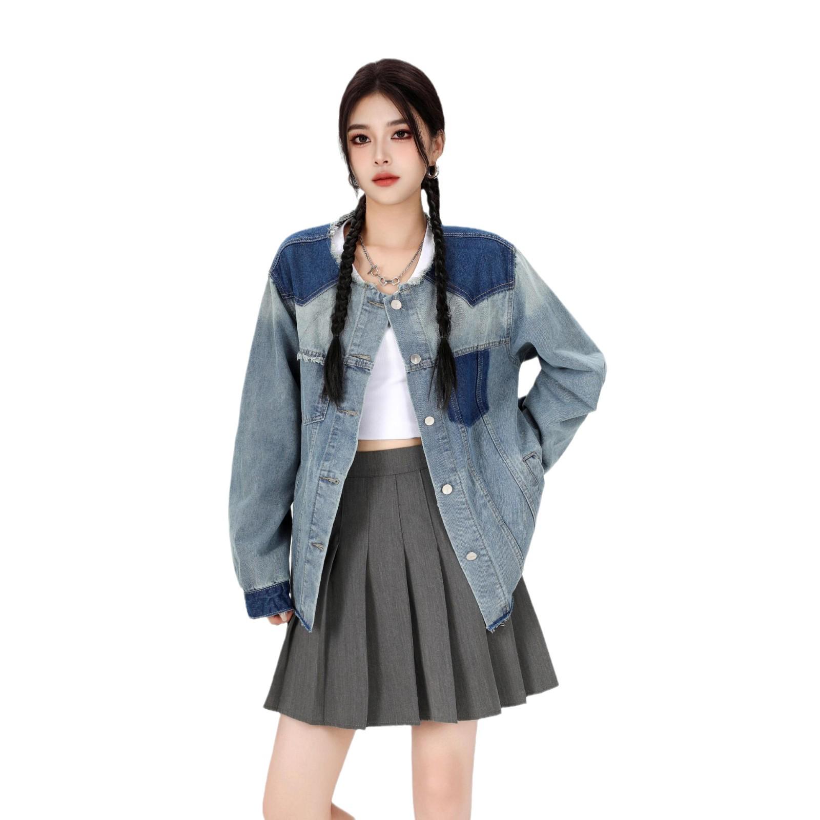 

Женская куртка реглан из стираного денима в стиле ретро - повседневный топ с цветовыми блоками на раннюю осень Medium синий