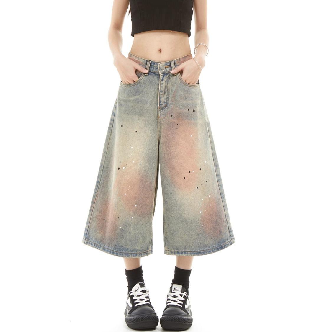 

Унисекс джинсы широкого кроя с эффектом потертости и брызгами краски - Коллекция весна 2025. S: Height 155-165CM (75-90 lbs)