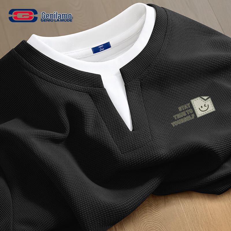 GENIOLAMODE Men s Heavy Waffle Knit Long-Sleeve Fake Two-Piece T-Shirt M