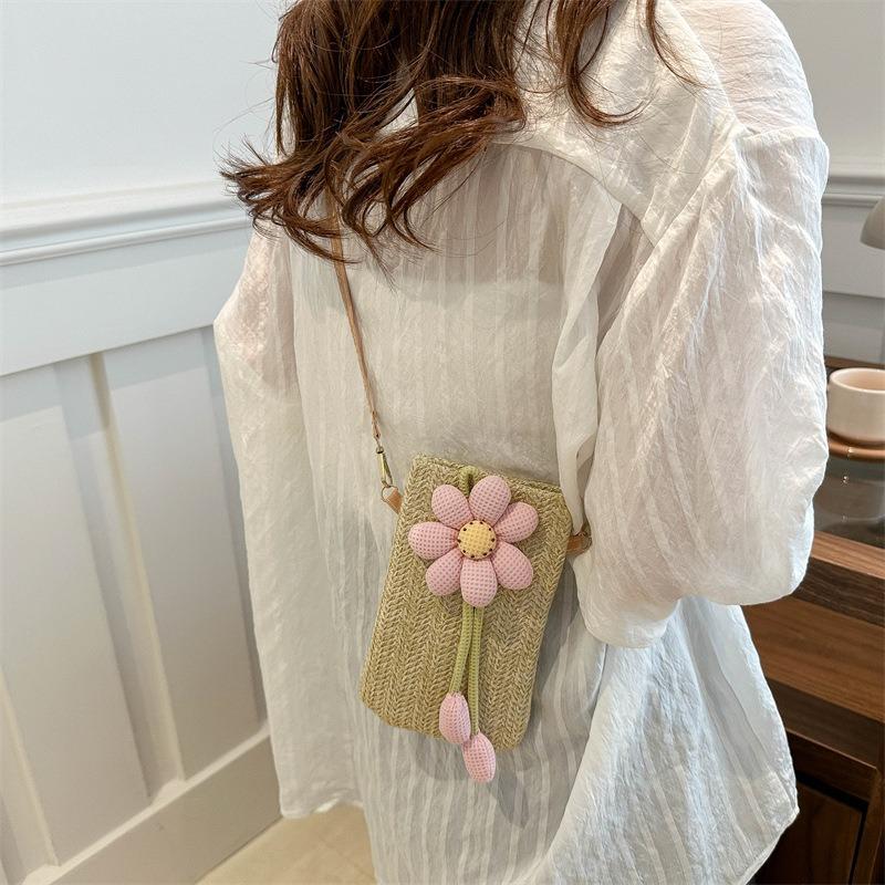 Flower woven bag with simple texture and new trend summer mobile phone bag women's bag shoulder messenger bag