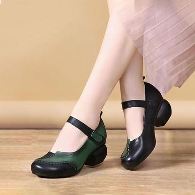 Retro Single Shoes Women's 2025 Spring New Soft-soled Medium Heel Thick Heel Mother Shoes Ethnic Style Middle-aged and Elderly Women's Leather Shoes