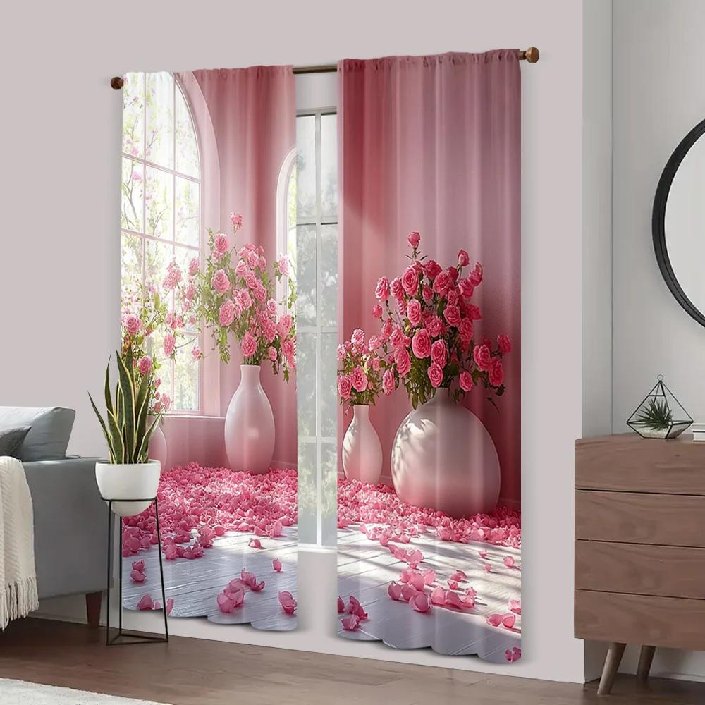2pc    Window Drapes Pink Flowers and Plants Versatile Polyester Fabric  Without Electricity Family Party Decoration Use for