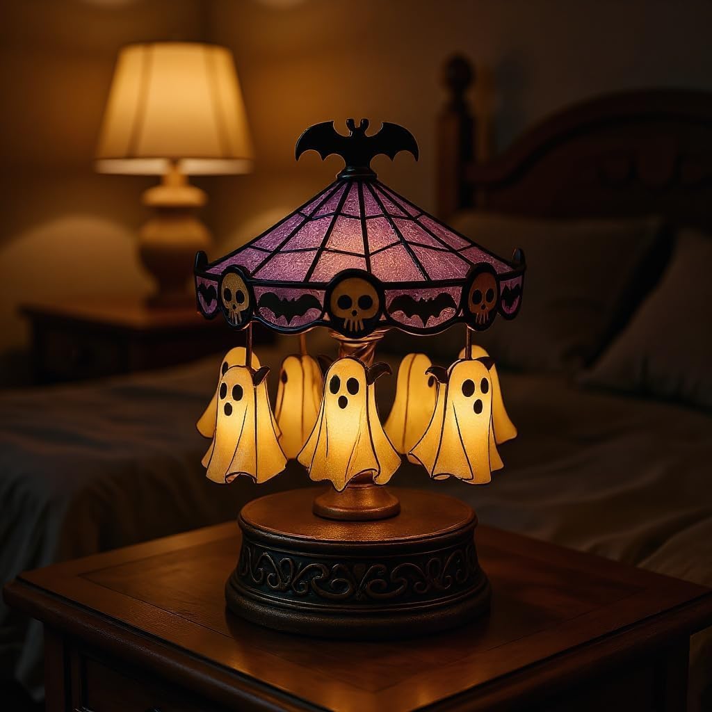 Halloween Ghost Carousel Night Light Party Decorations Rechargeable Spooky-Ghost-Light Decor for Indoor Home Table Room Kitchen Office Multico