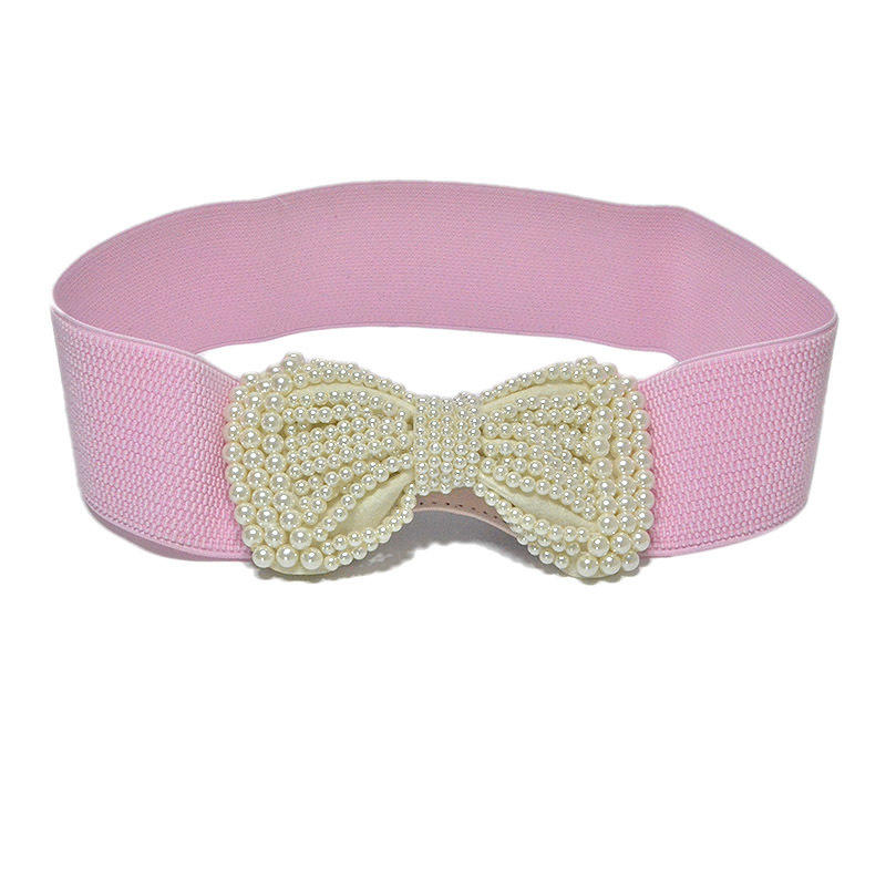 Women Pearl Bow Belt Elegant Wide Elastic Waist Cincher Fashion Accessory Dress Sash Wedding Party Waistband Stylish Adjustable All-Match Solid Color