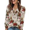Women's Fashion V-Neck Button-Up T-Shirt With Christmas Print Long-Sleeved Top