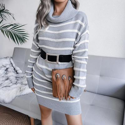 Frauen Herbst Winter Rollkragen Gestreiften Langarm Lose Pullover Strickkleid SL