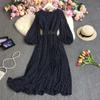 Nové dámské elegantní šaty s dlouhým rukávem a páskem, štíhlé, vysoce kvalitní, elegantní, vintage, puntíkované, skládané, s velkým lemem, šifonové šaty